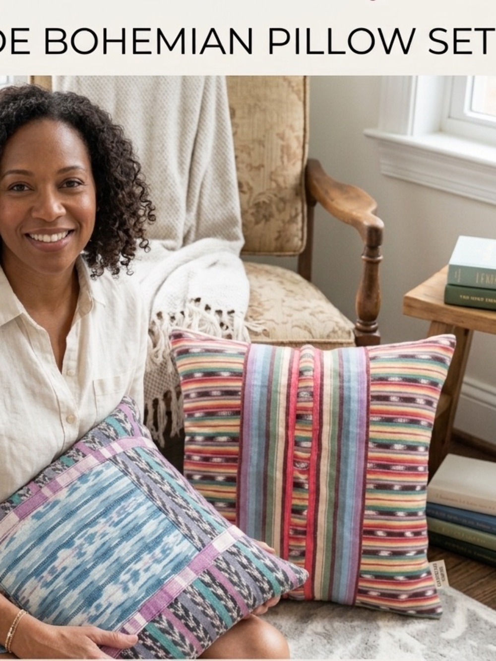 2 Boho Handwoven Pillow Covers 14"x14" | Textured Ikat Striped Cushion Cases